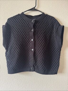 LOFT - Black Openwork Button-Front Sleeveless Cardigan - Size S